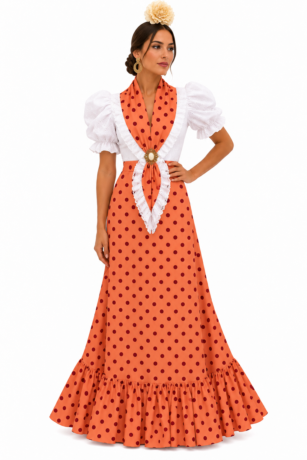 BATA FLAMENCA CARLOTA CON PIQUILLO NARANJA LUNAR BURDEOS
