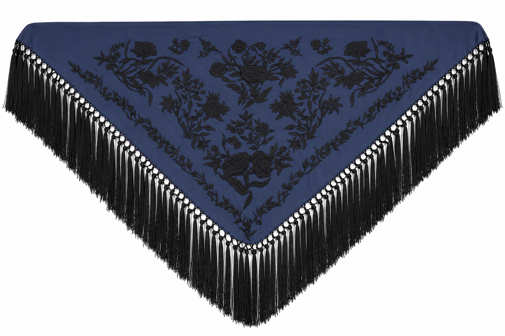 Mantón algodón Esther azul marino bordado negro para flamenca, otra vista