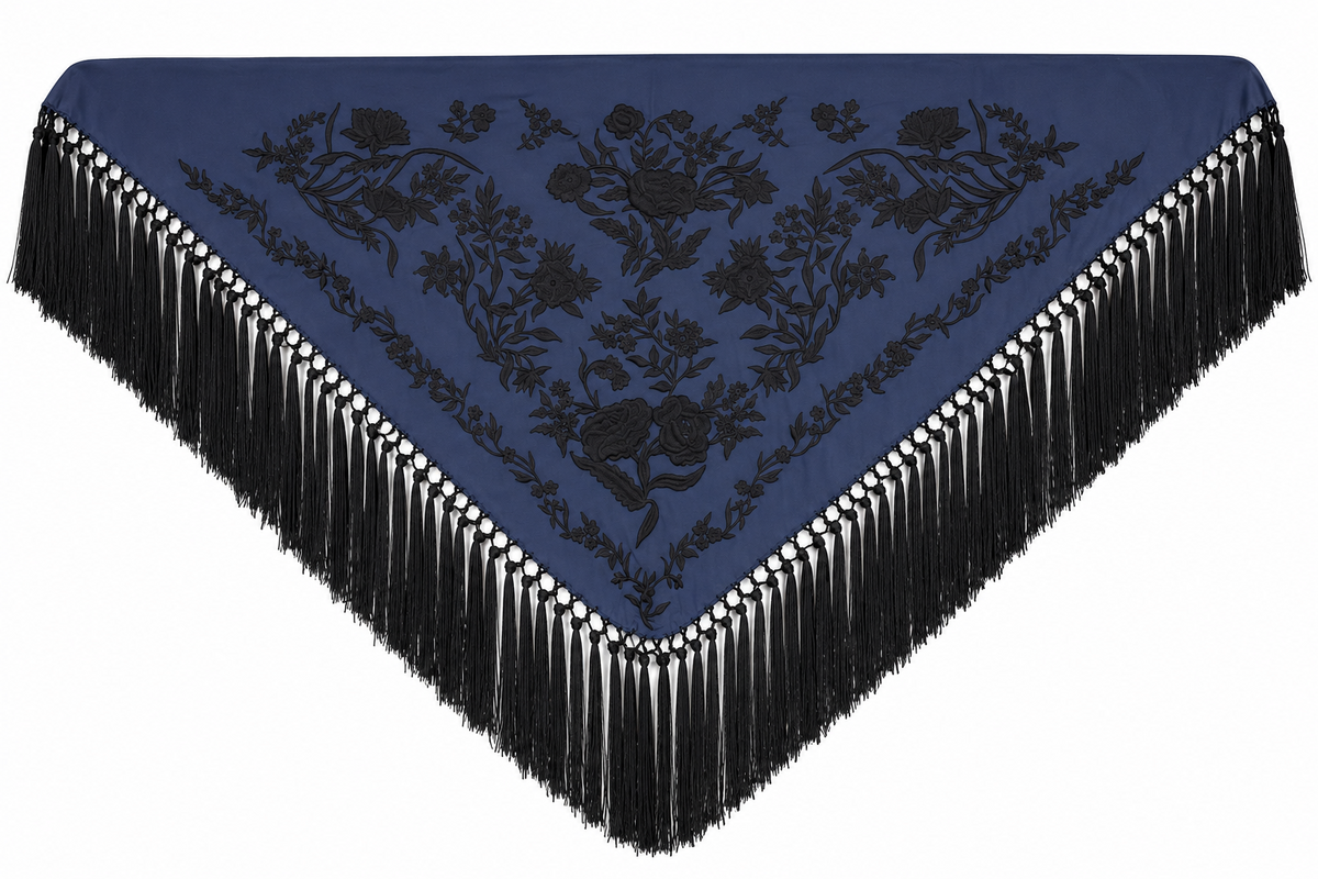 Mantón algodón Esther azul marino bordado negro para flamenca, otra vista