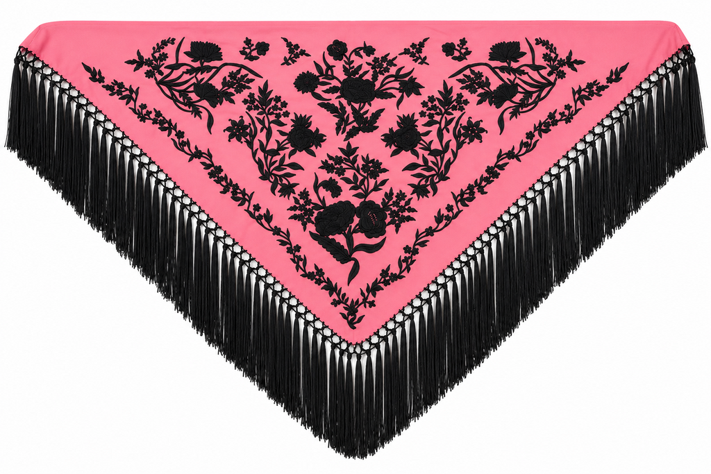 Mantón algodón Esther coral bordado negro para flamenca, otra vista