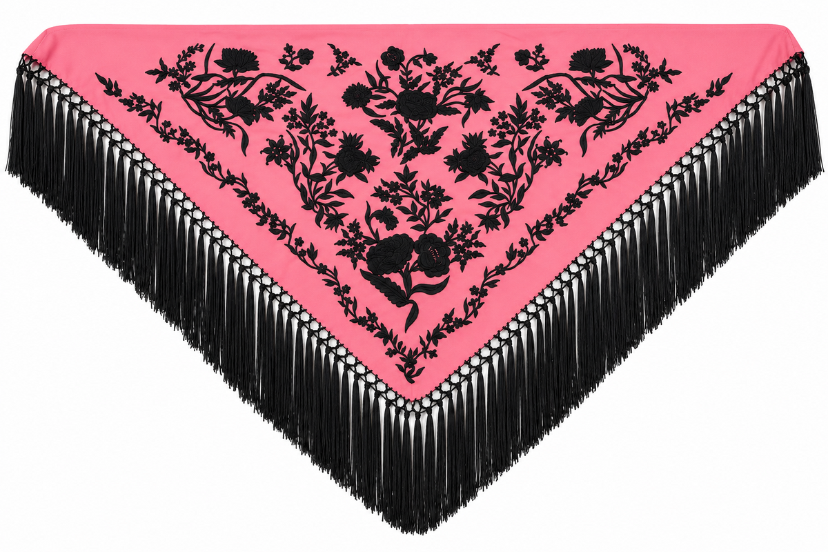 Mantón algodón Esther coral bordado negro para flamenca, otra vista