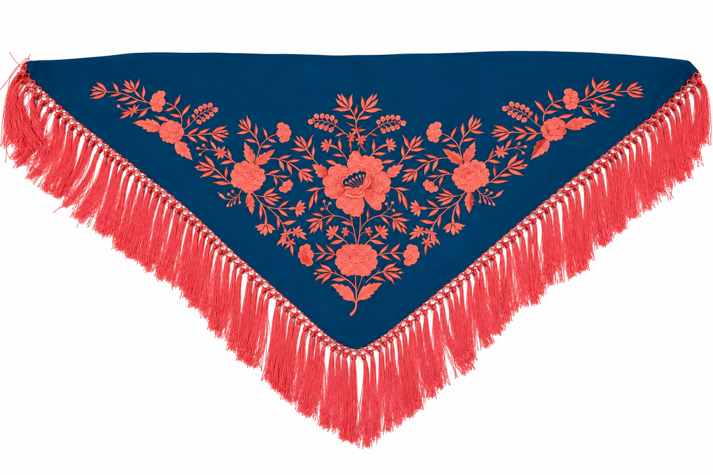 Mantón crespón Julia azul petróleo bordado coral para flamenca, otra vista