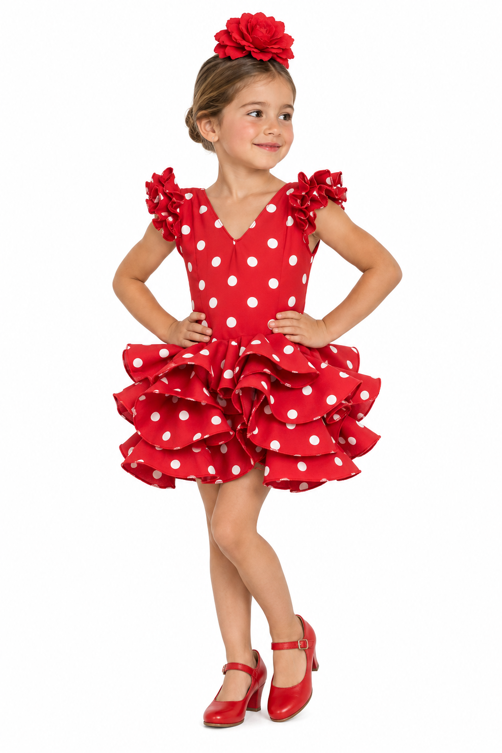 TRAJE FLAMENCA NIÑA MARISOL ROJO LUNAR BLANCO