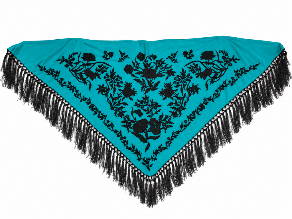 Mantón algodón Esther agua Marina bordado negro para flamenca, otra vista