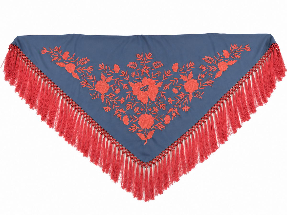 Mantón crespón Julia ducado bordado coral para flamenca, otra vista