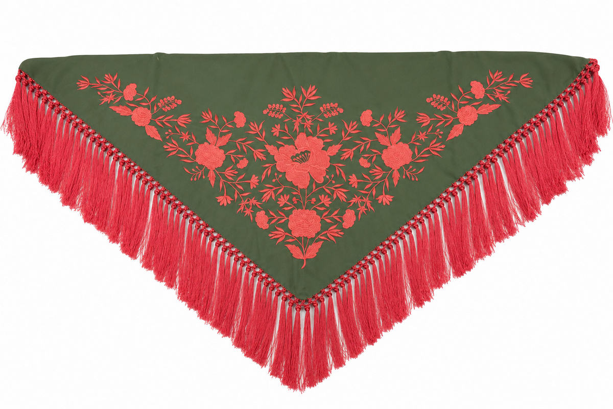 Mantón crespón Julia verde oliva bordado coral para flamenca, otra vista