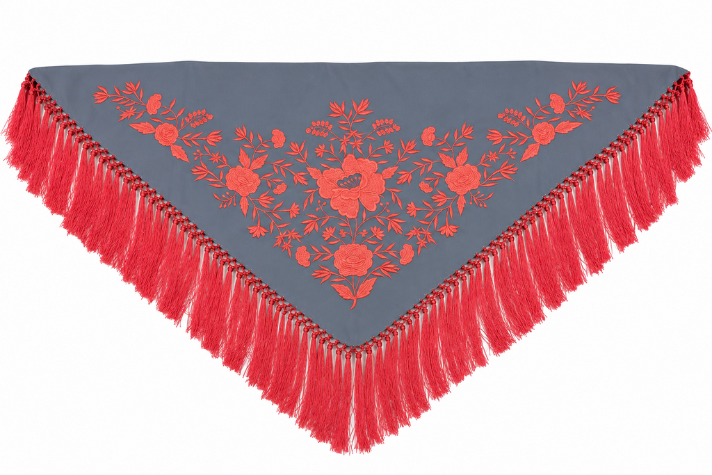 Mantón crespón Julia gris bordado coral para flamenca, otra vista