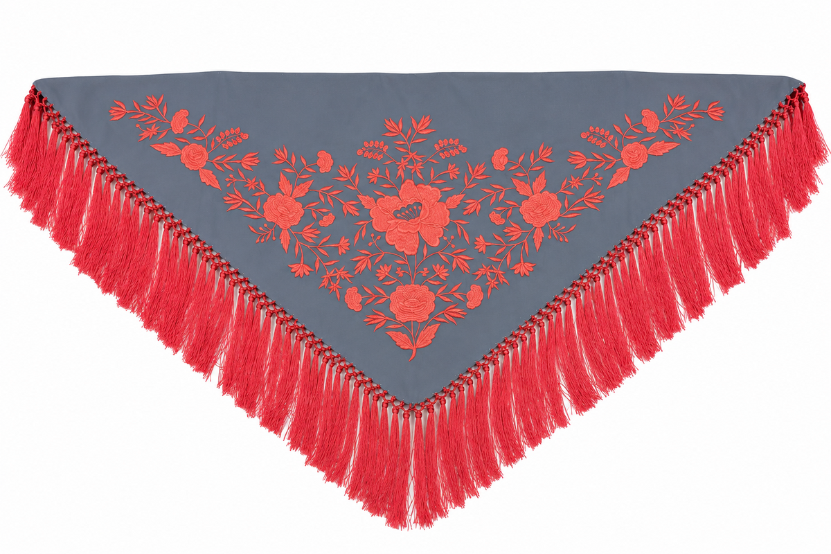 Mantón crespón Julia gris bordado coral para flamenca, otra vista