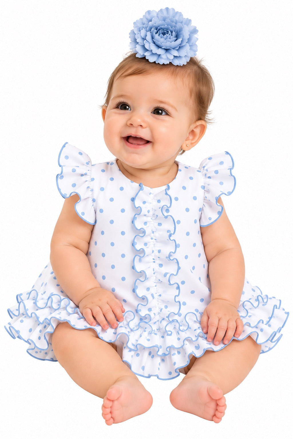 Traje de flamenca bebé Estrella blanco con lunares celeste