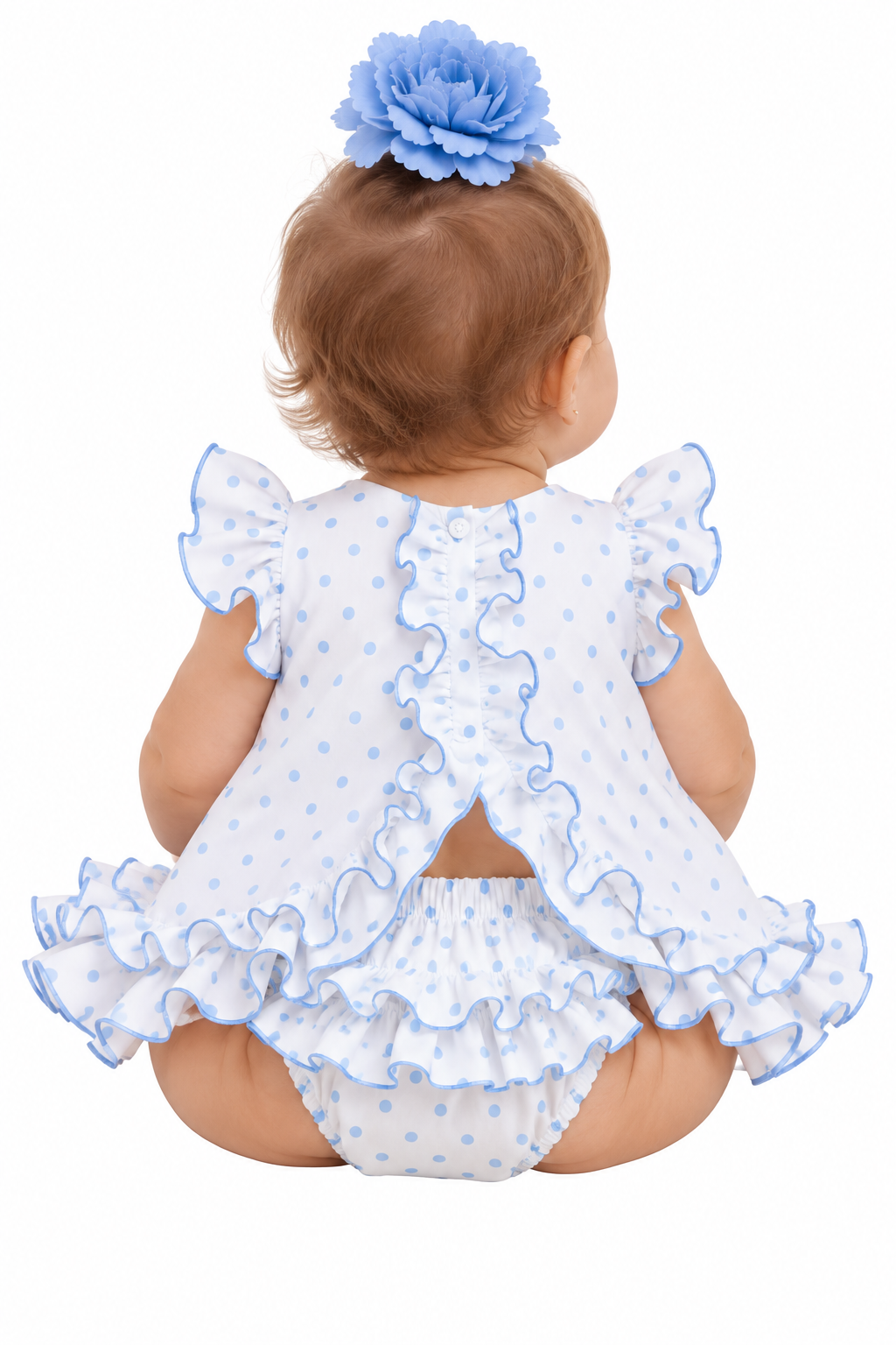 Traje de flamenca bebé Estrella blanco con lunares celeste, otra vista