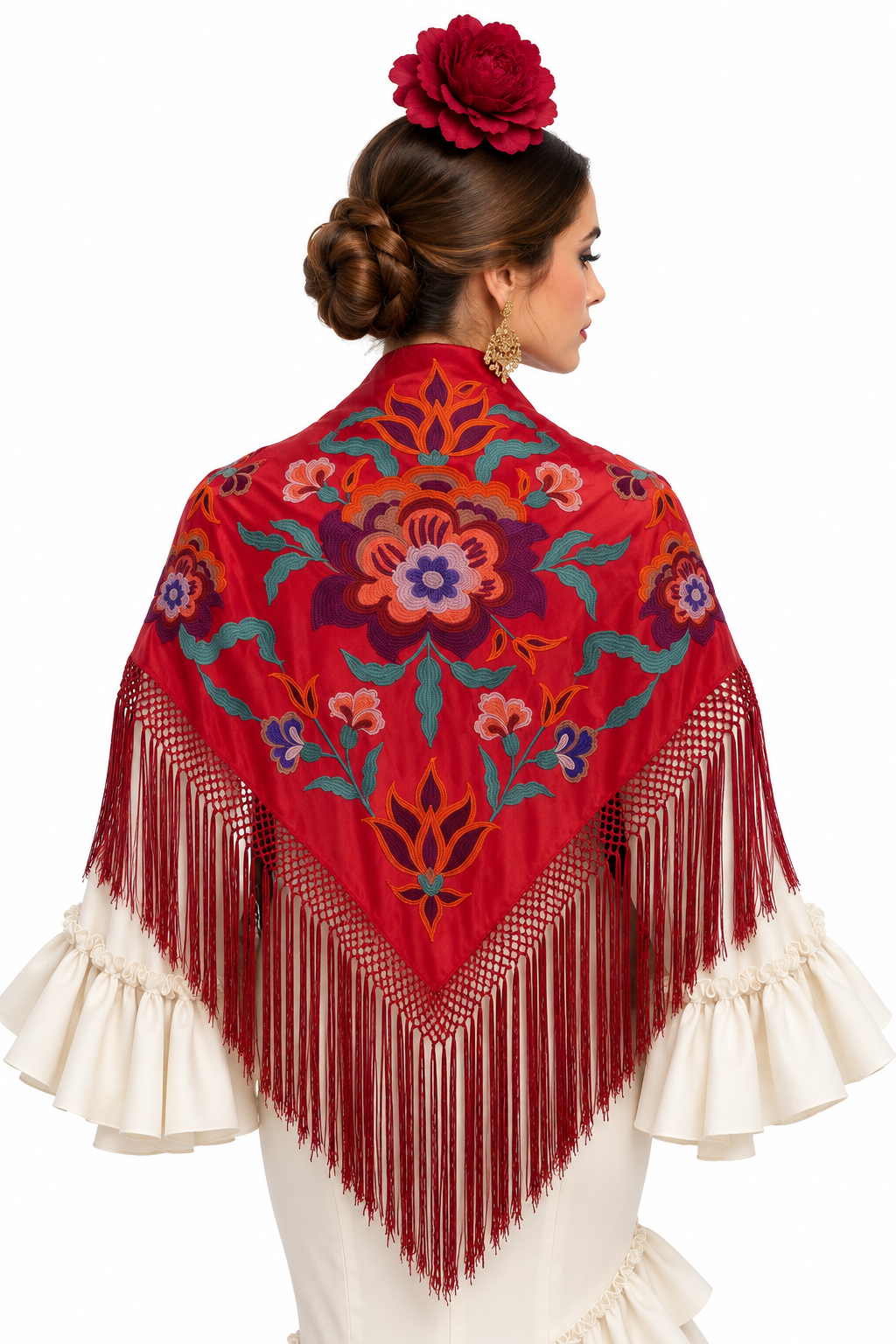 MANTON SEDA VALENTINA ROJO BORDADO BUGANVILLA