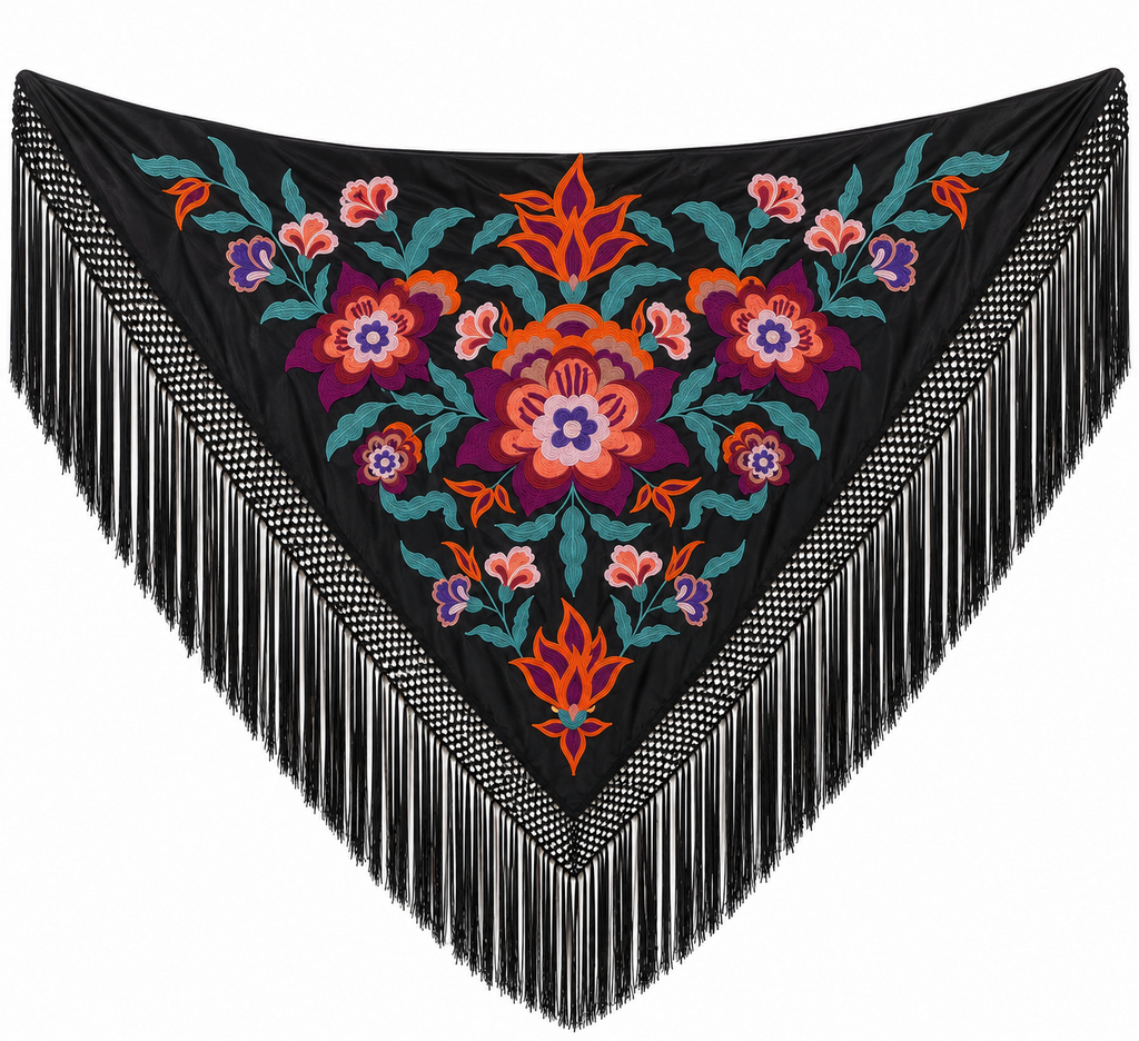 MANTON SEDA VALENTINA NEGRO BORDADO BUGANVILLA
