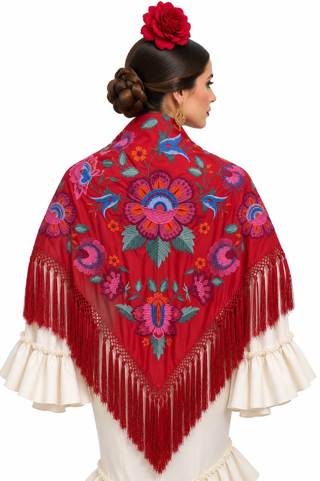 MANTON SEDA VALERIA ROJO BORDADO BUGANVILLA