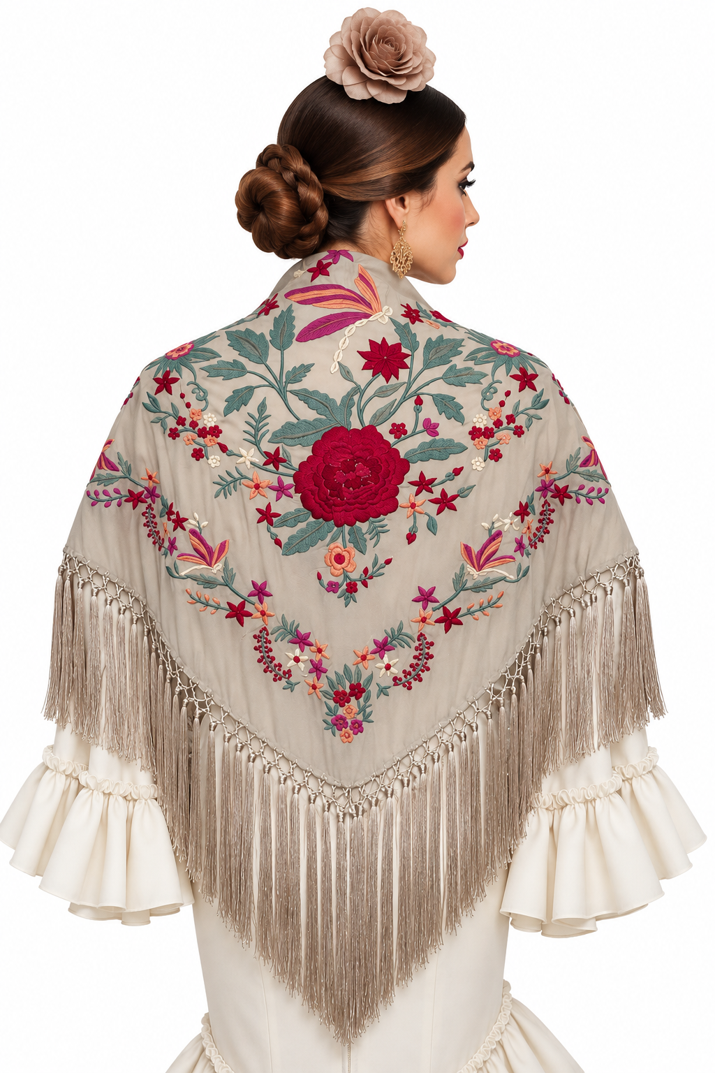 MANTON ALGODON ANGELA BEIGE TOPO BORDADO ROJO