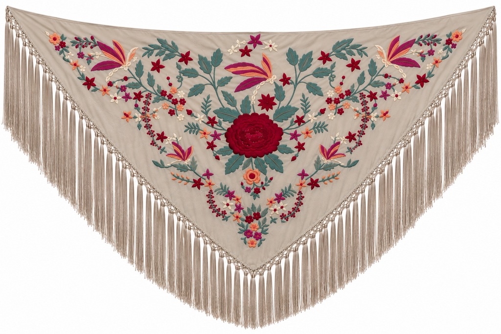 MANTON ALGODON ANGELA BEIGE TOPO BORDADO ROJO