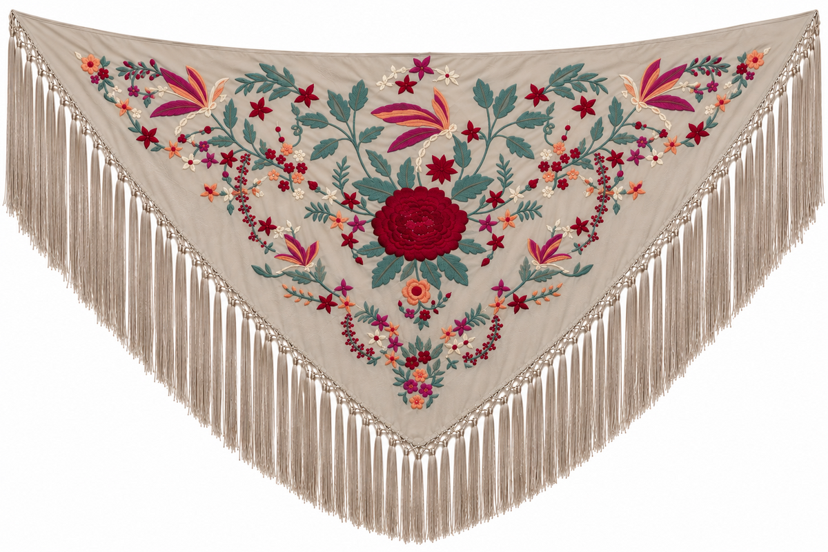MANTON ALGODON ANGELA BEIGE TOPO BORDADO ROJO