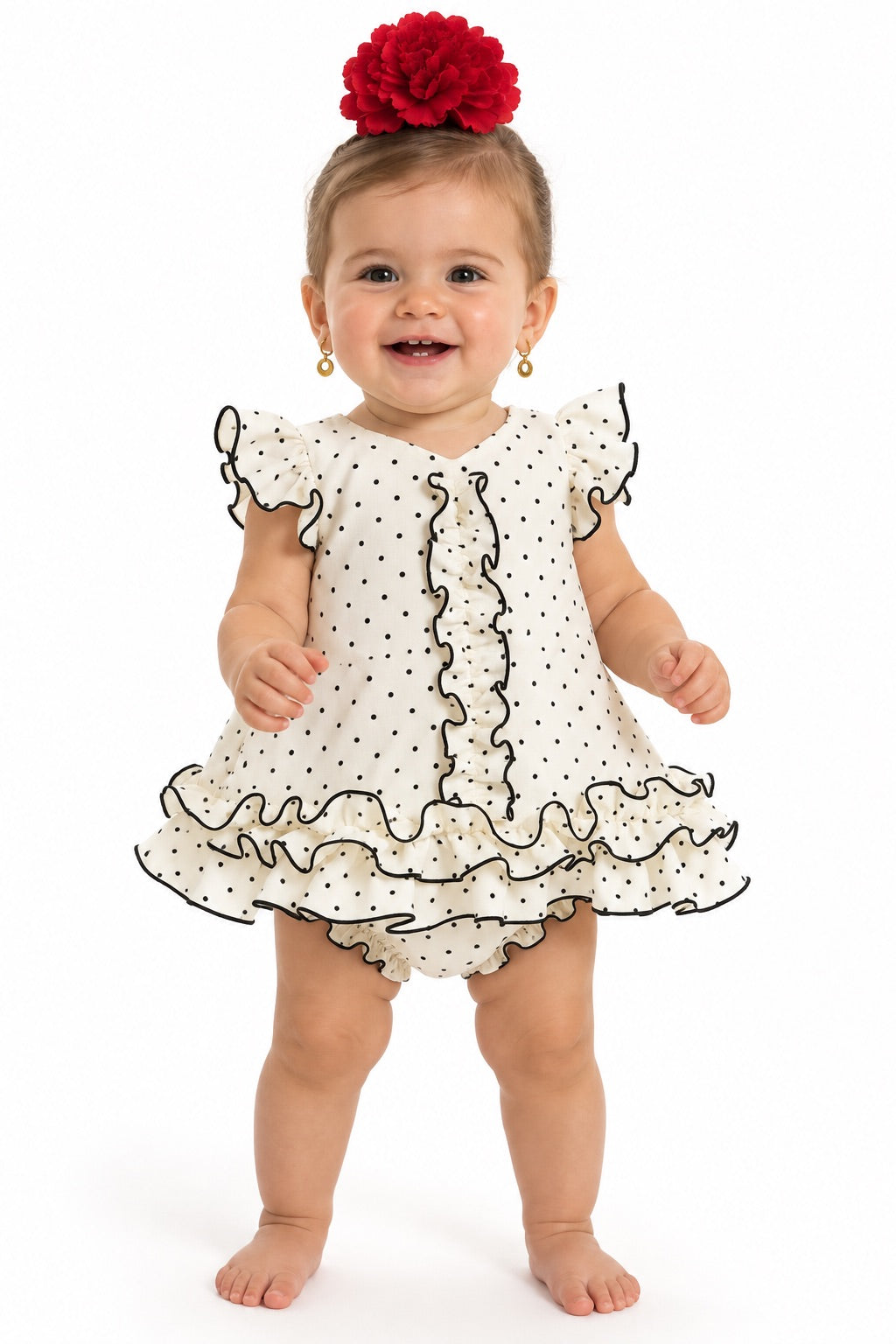 TRAJE FLAMENCA BEBE ESTRELLA BEIGE LUNAR NEGRO