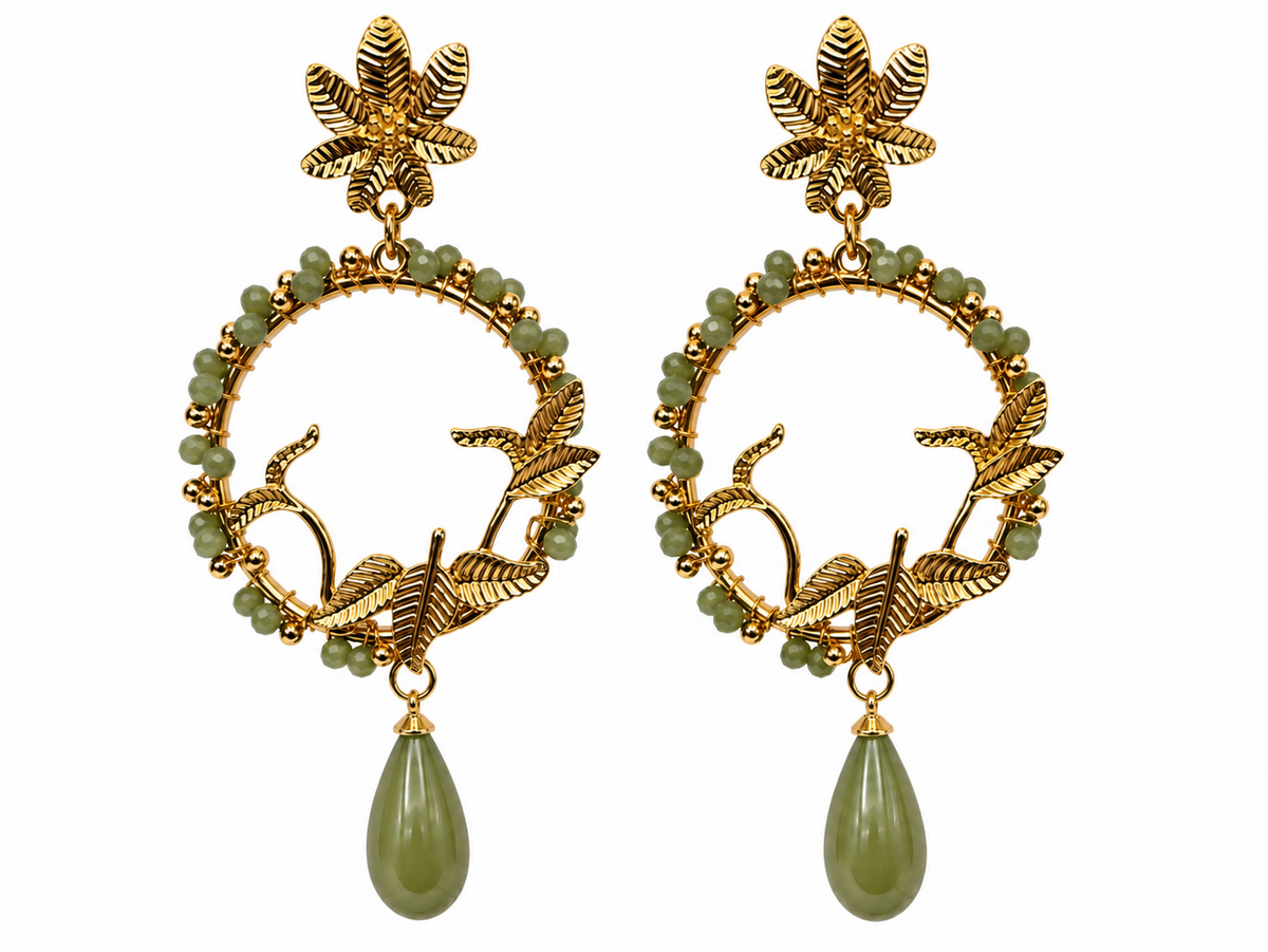 Pendientes círculo lágrima verde oliva para flamenca