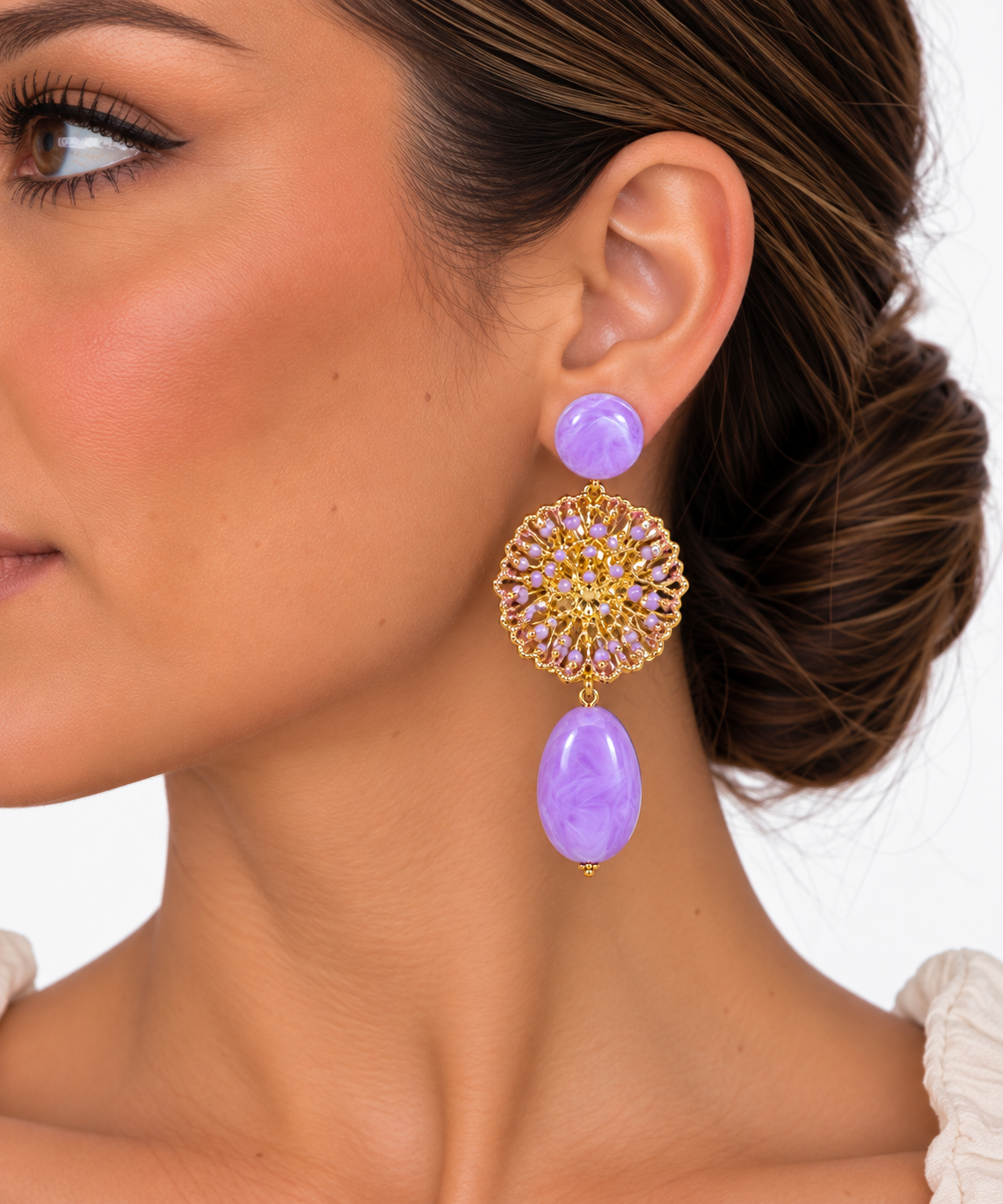 Pendientes mar lila para flamenca, otra vista