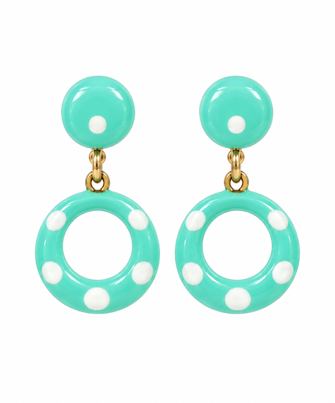 Pendientes mini círculo verde agua con lunares blanco para niña flamenca