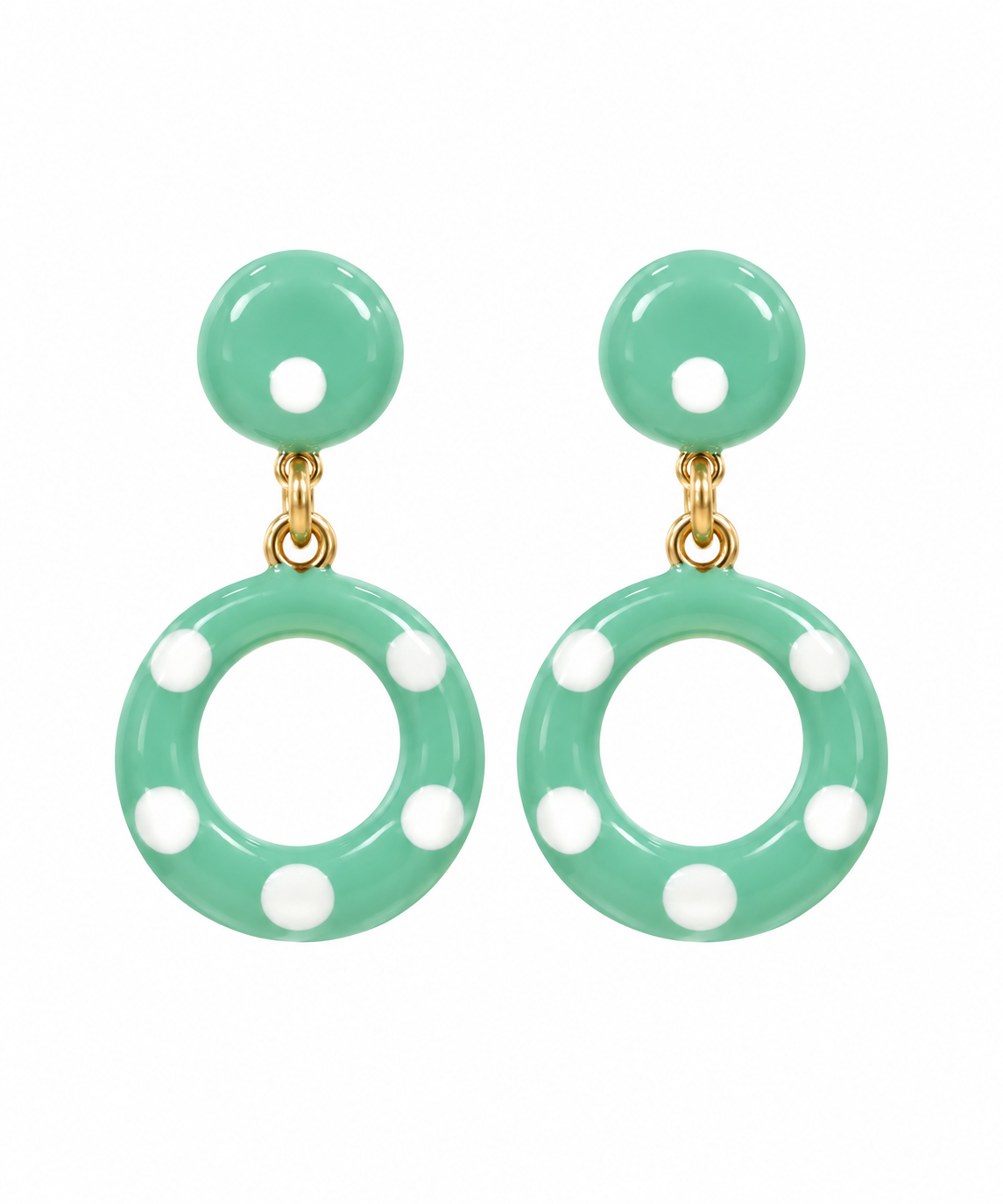 Pendientes mini círculo verde jabonoso con lunares blanco para niña flamenca