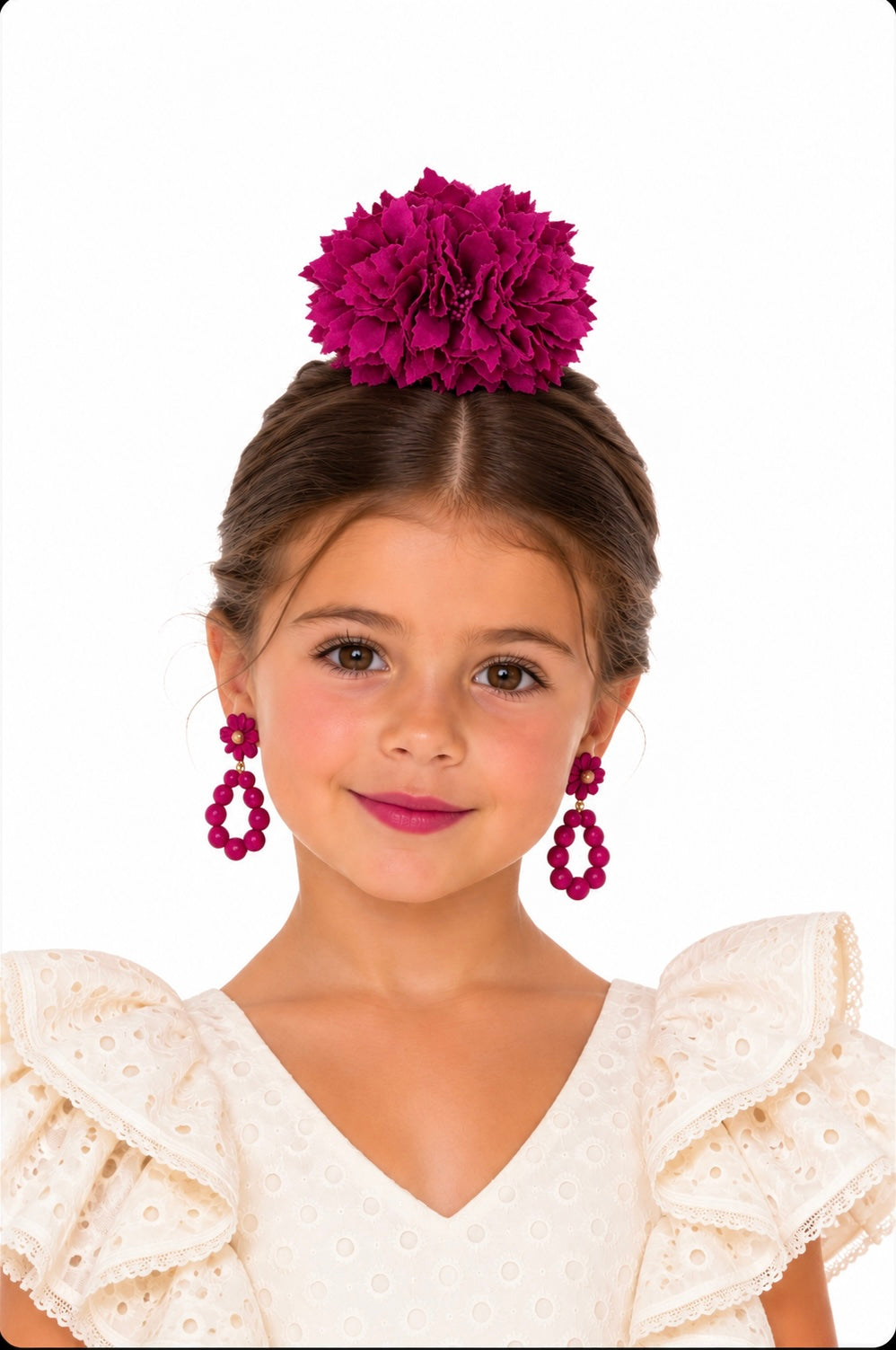 Ramillete dalias buganvilla para niña flamenca, vista 3