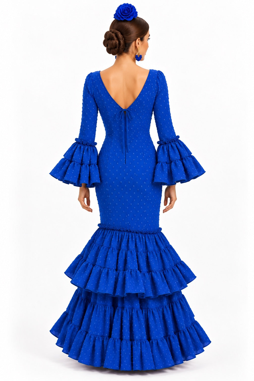 Traje de flamenca Carmeli plumeti azulina, otra vista