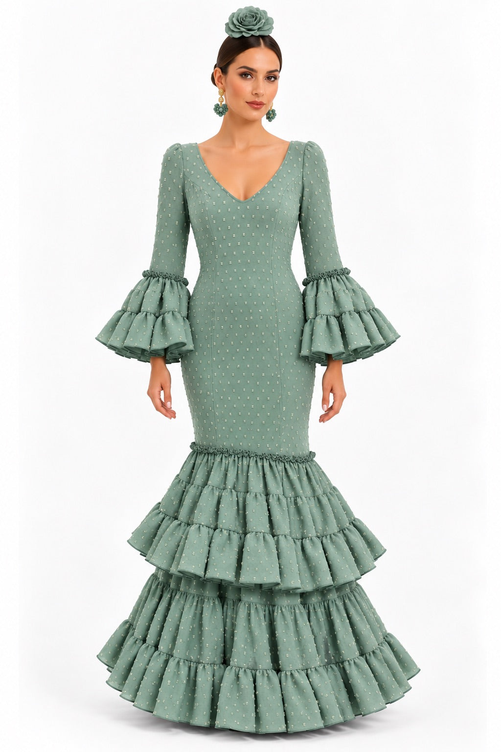 Traje de flamenca Carmeli plumeti verde jabonoso