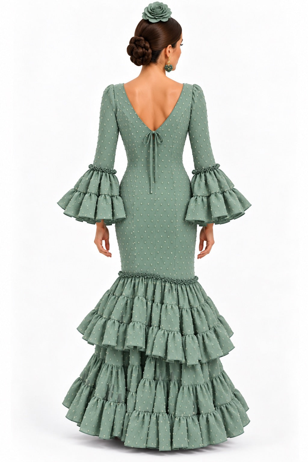 Traje de flamenca Carmeli plumeti verde jabonoso, otra vista