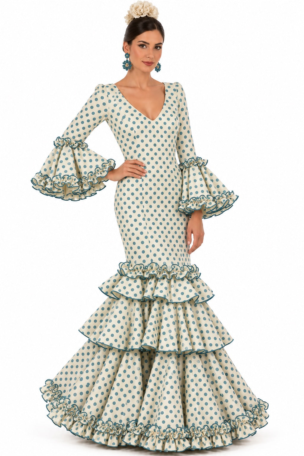 Traje de flamenca Linares beige con lunares verde agua