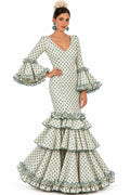 Traje de flamenca Linares beige con lunares verde agua