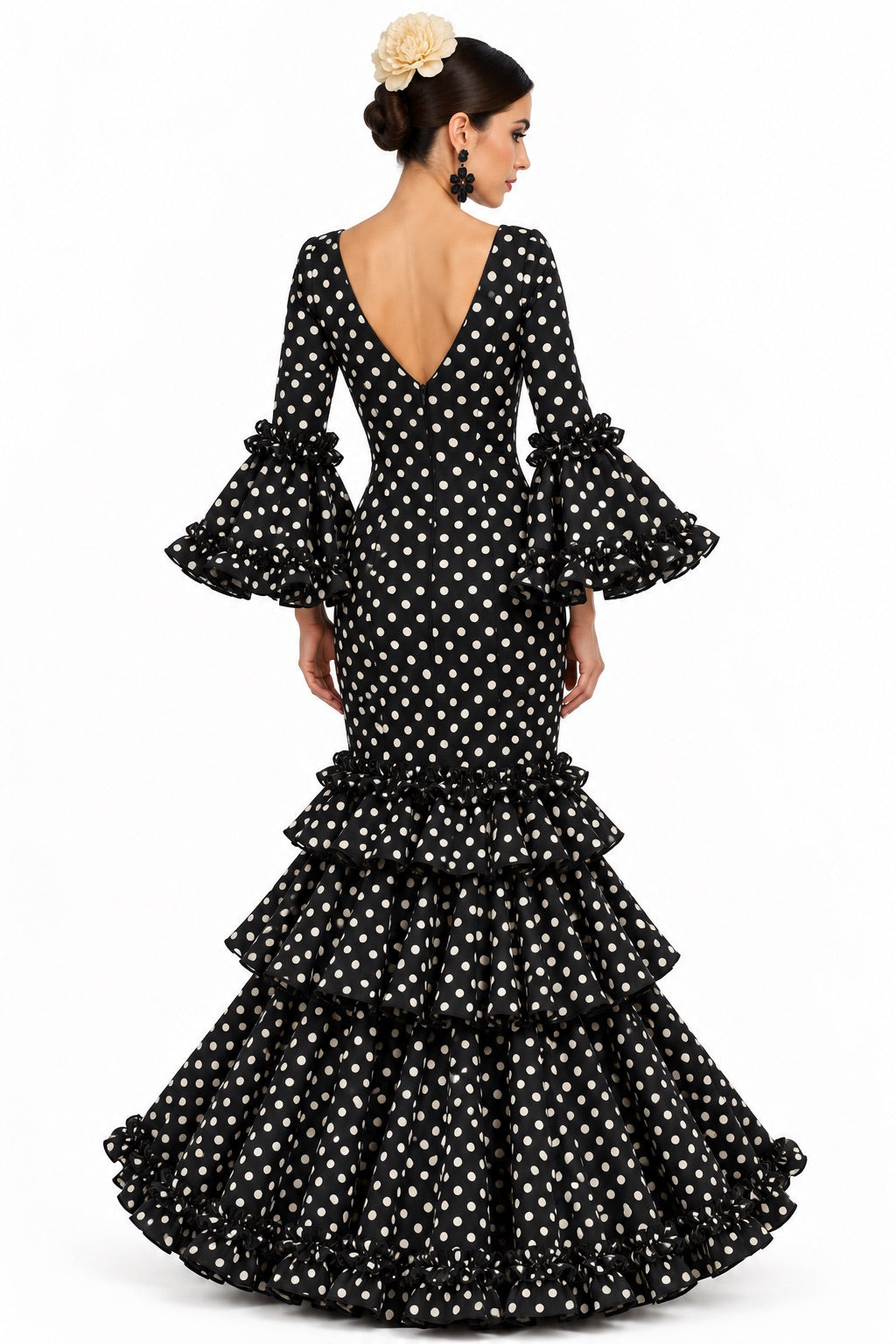 Traje de flamenca Linares negro con lunares beige, otra vista