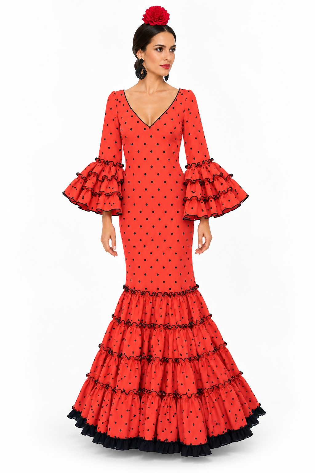 Traje de flamenca Huelva coral con lunares negro