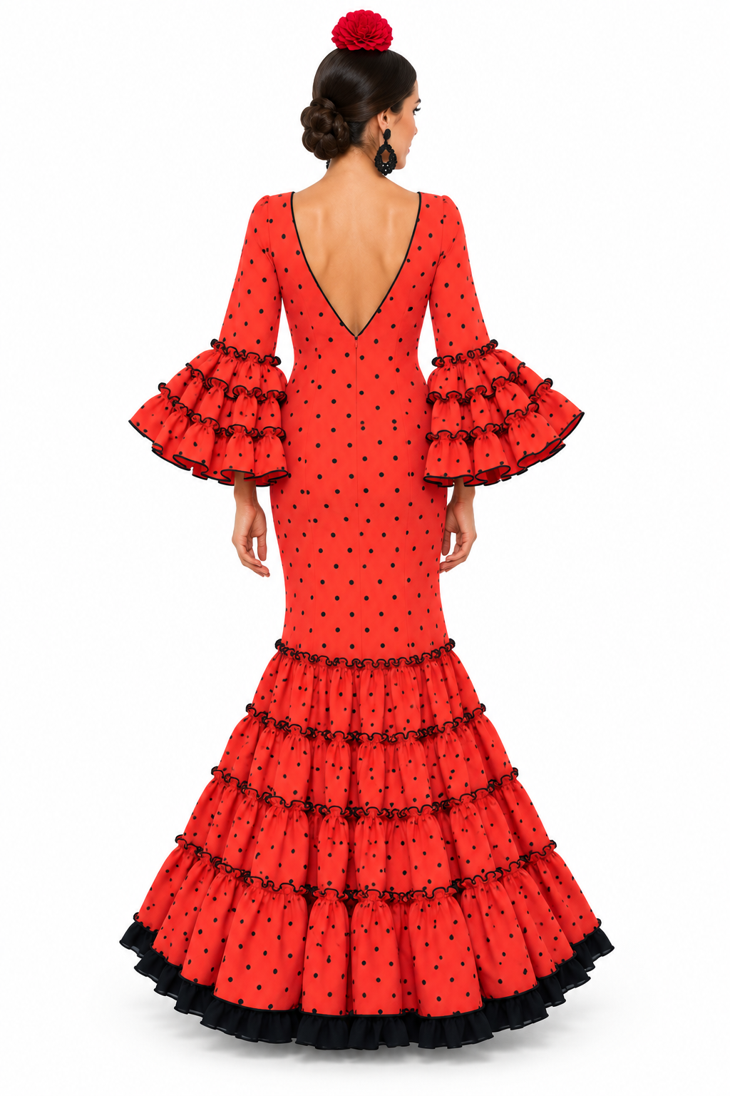 Traje de flamenca Huelva coral con lunares negro, otra vista