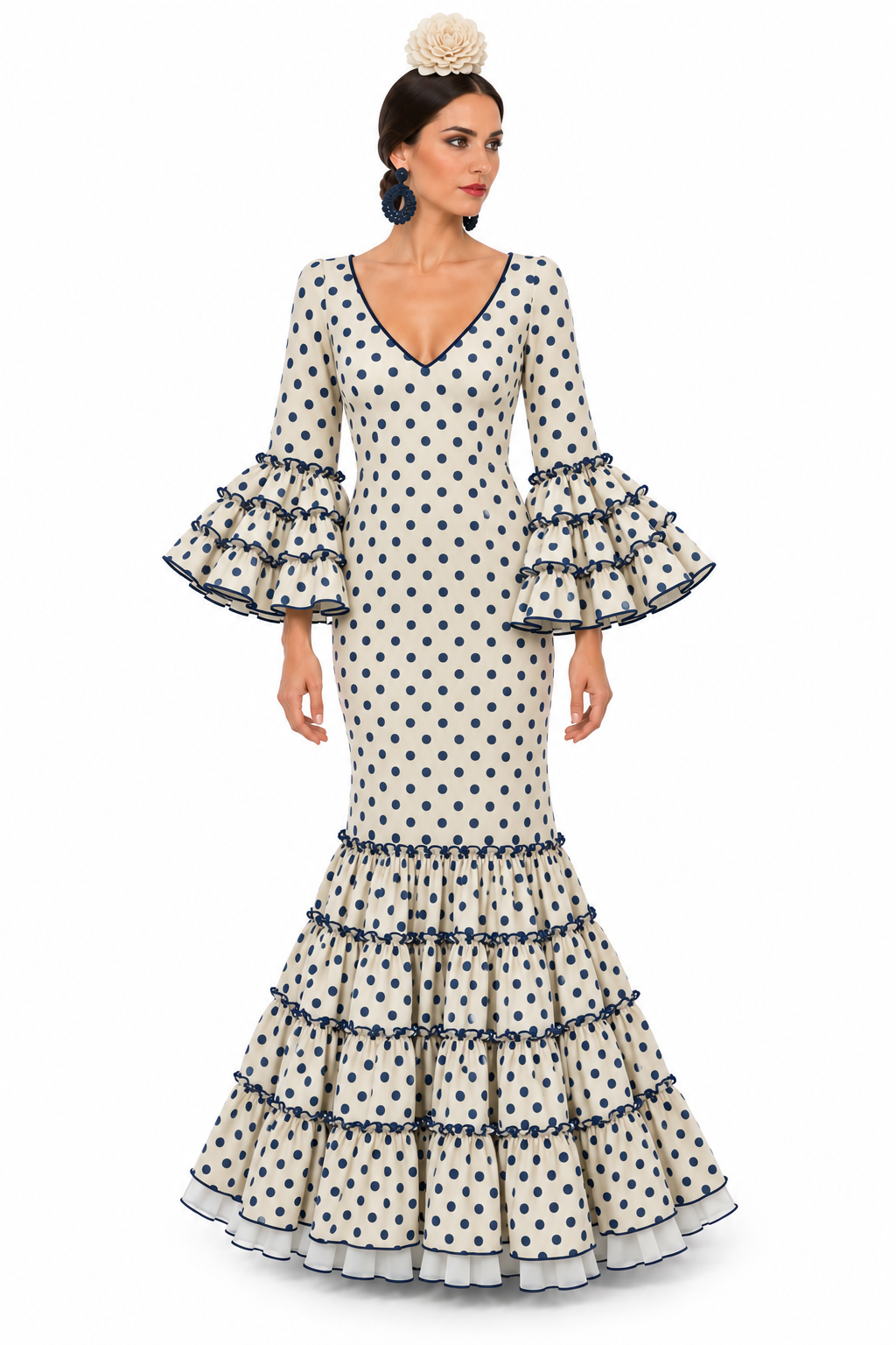 Traje de flamenca Huelva beige con lunares ducado
