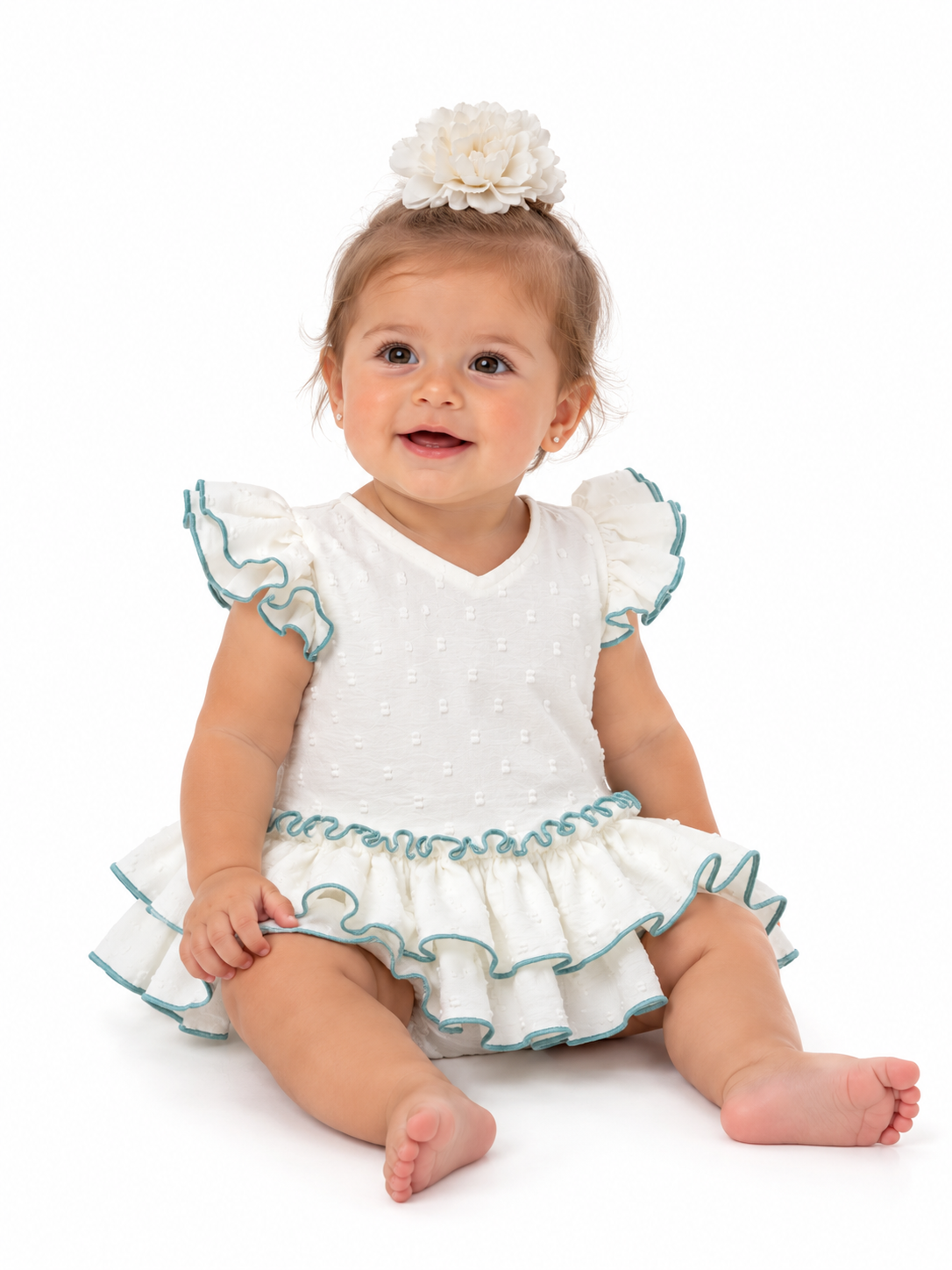 TRAJE FLAMENCA BEBE MARIQUILLA BLANCO PLUMETI REMALLADO VERDE AGUA