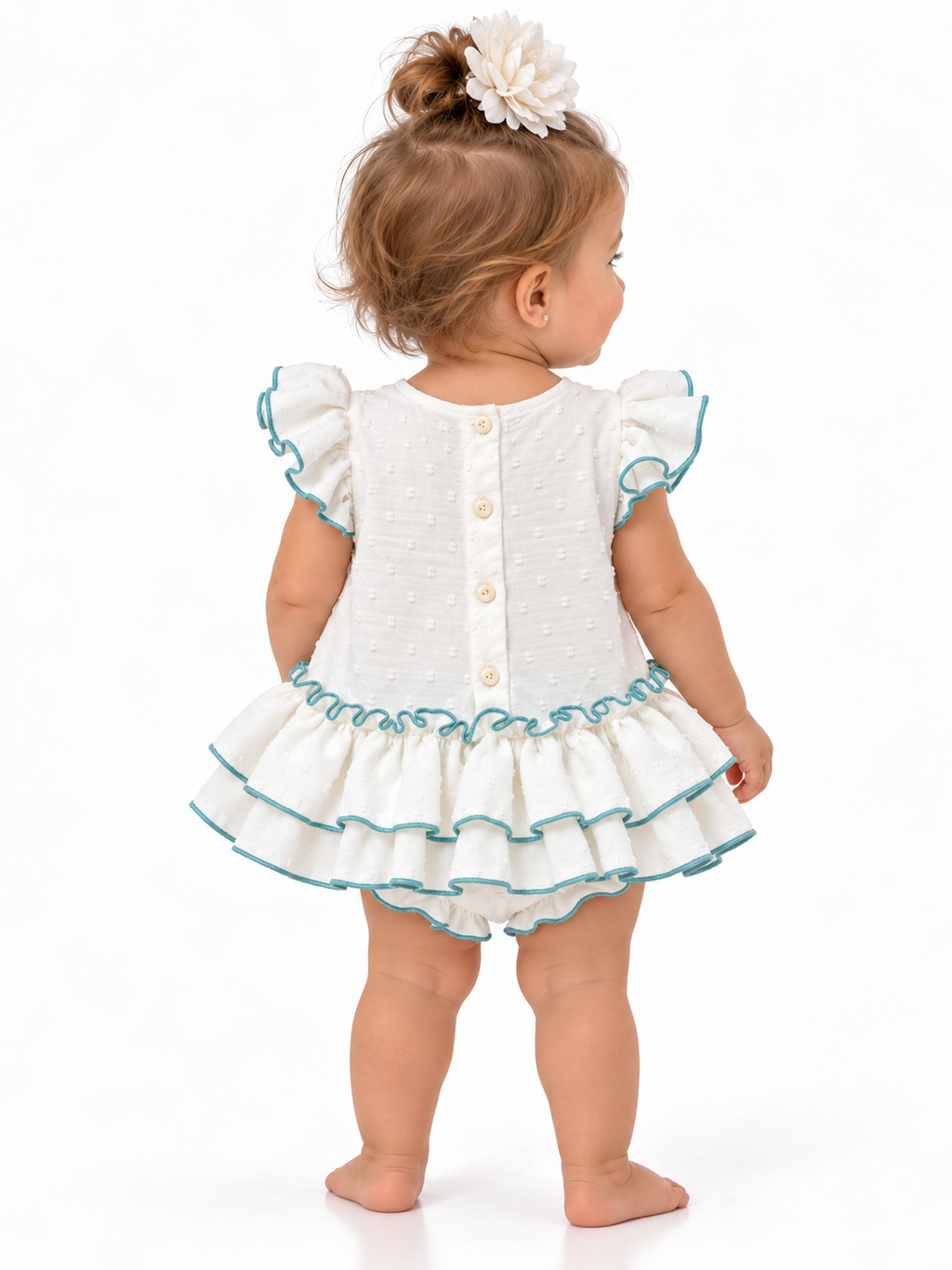 TRAJE FLAMENCA BEBE MARIQUILLA BLANCO PLUMETI REMALLADO VERDE AGUA