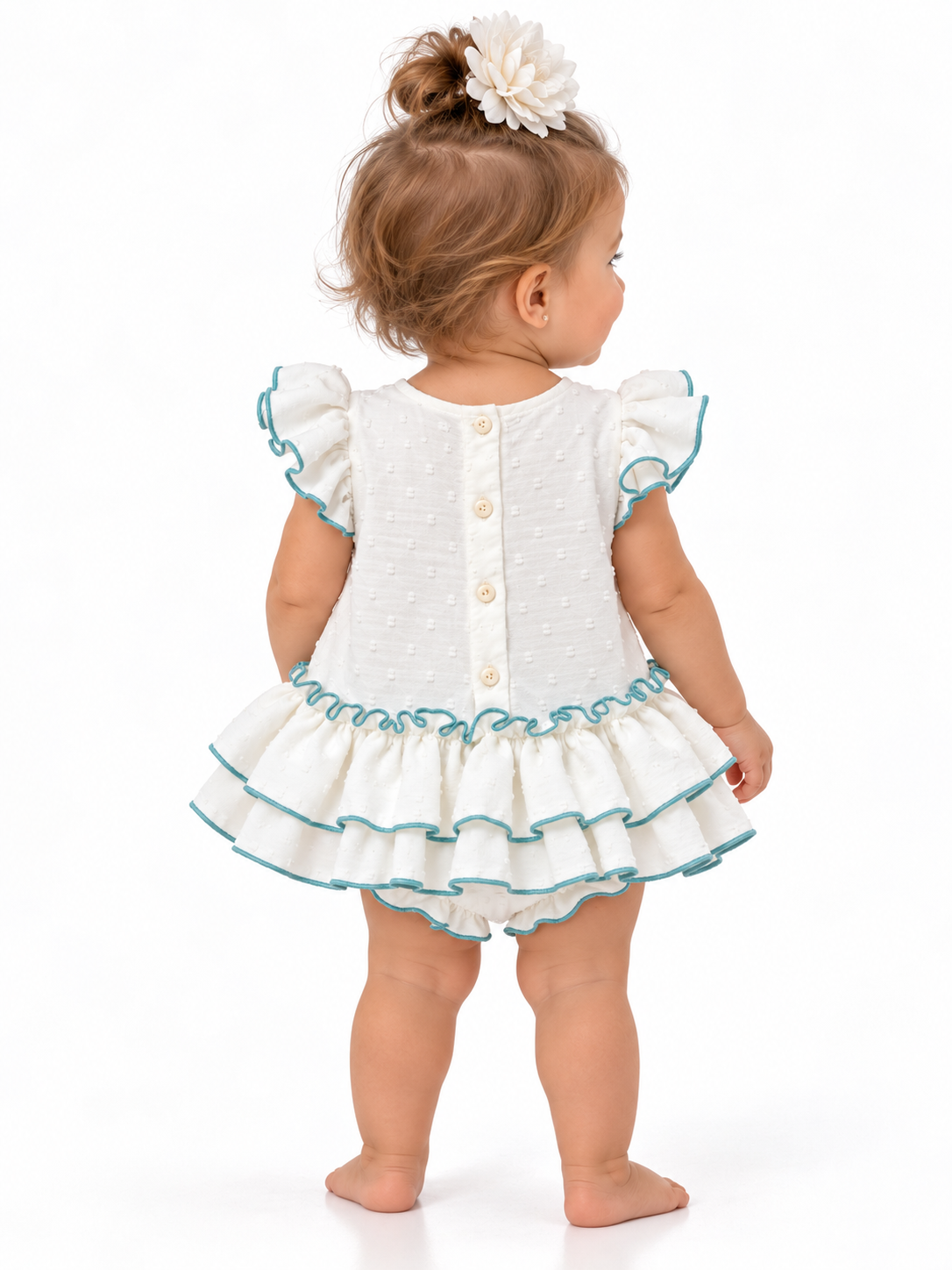 TRAJE FLAMENCA BEBE MARIQUILLA BLANCO PLUMETI REMALLADO VERDE AGUA