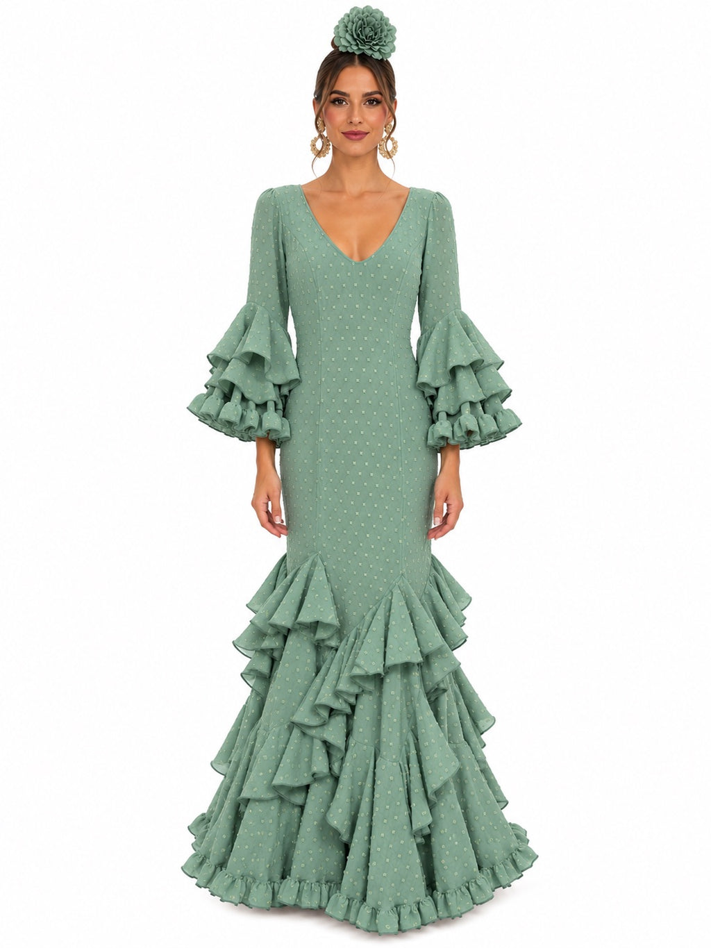 TRAJE FLAMENCA ALBAHACA PLUMETI VERDE JABONOSO
