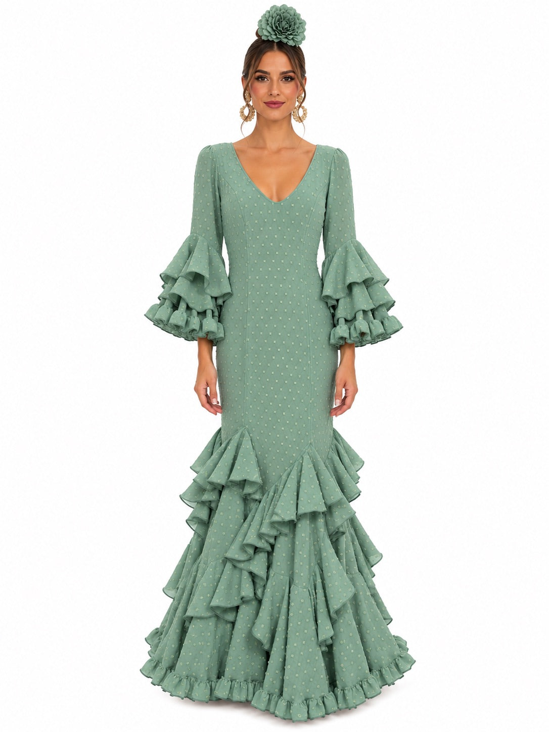TRAJE FLAMENCA ALBAHACA PLUMETI VERDE JABONOSO