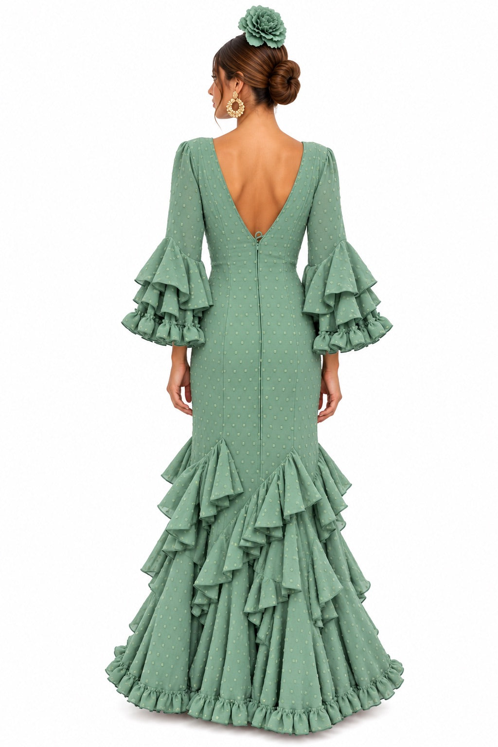 TRAJE FLAMENCA ALBAHACA PLUMETI VERDE JABONOSO