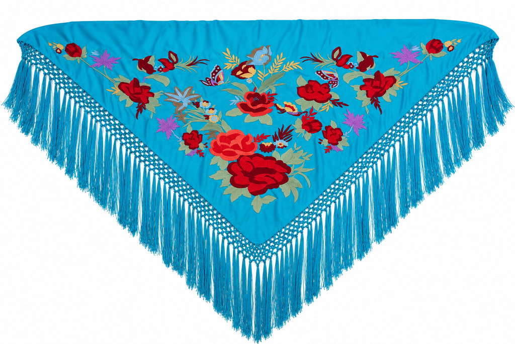 MANTON SEDA ANASTASIA TURQUESA BORDADO ROJO