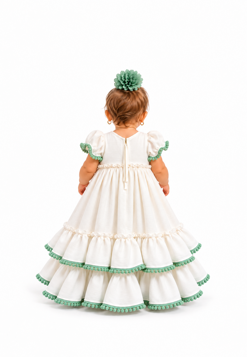 TRAJE FLAMENCA BEBE MARTINA BLANCO BORLON VERDE JABONOSO