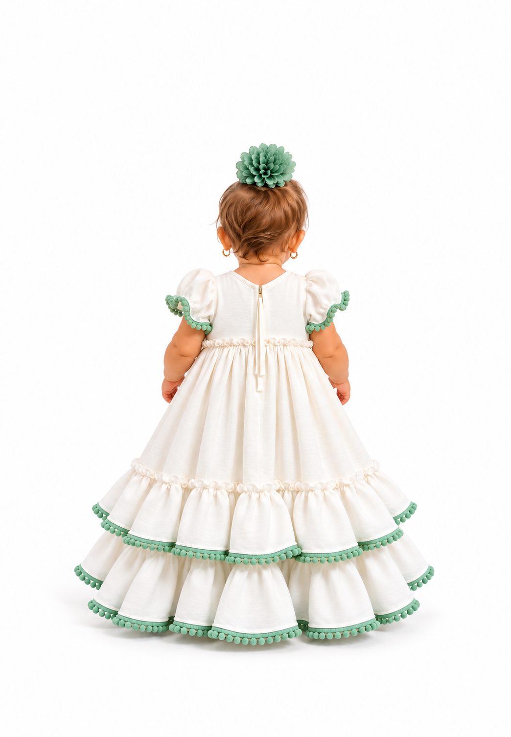 TRAJE FLAMENCA BEBE MARTINA BLANCO BORLON VERDE JABONOSO
