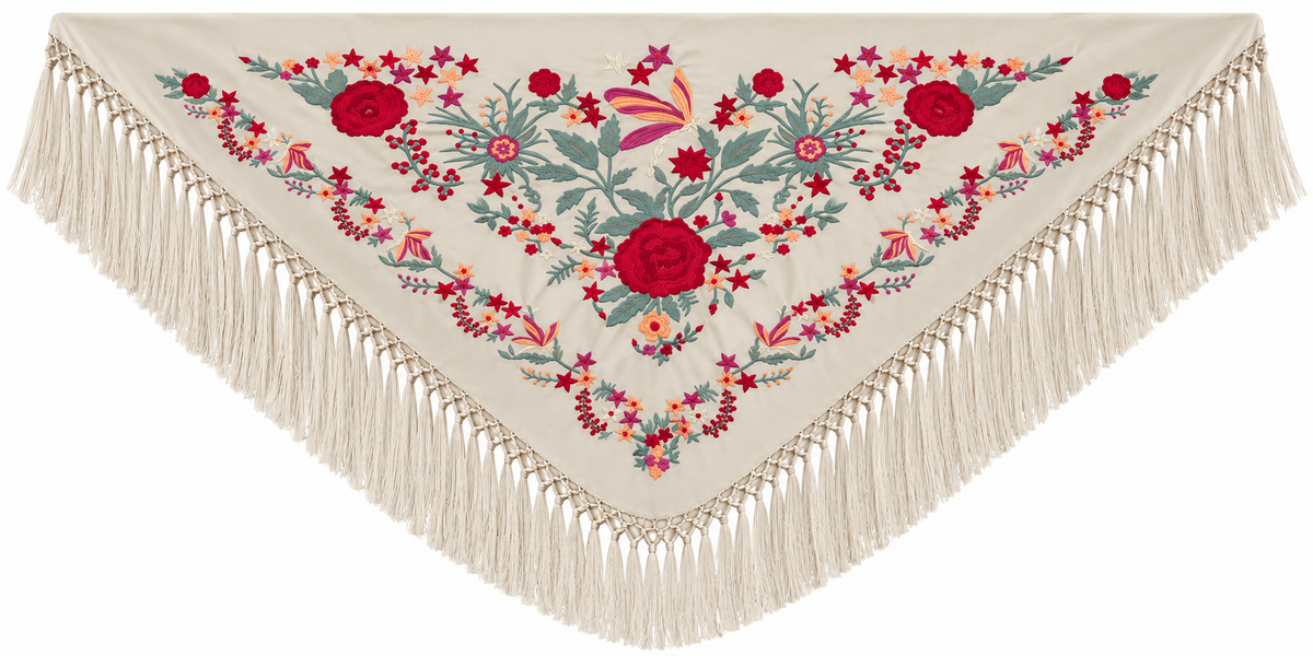 MANTON ALGODON ANGELA BEIGE TOPO BORDADO ROJO
