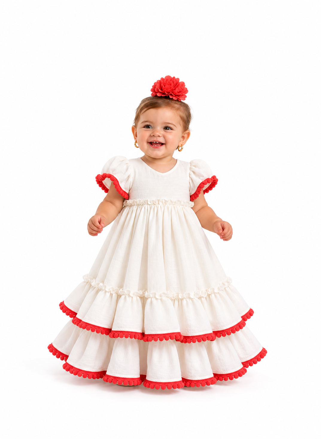 TRAJE FLAMENCA BEBE MARTINA BLANCO BORLON CORAL