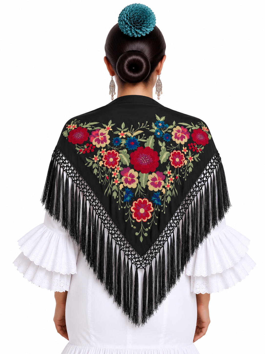 MANTON SEDA AGATHA NEGRO BORDADO ROJO