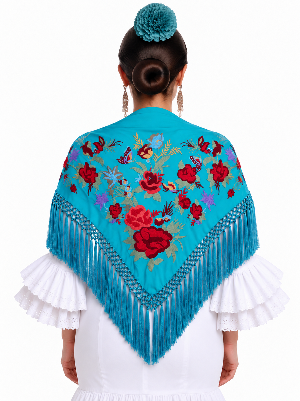 MANTON SEDA ANASTASIA TURQUESA BORDADO ROJO