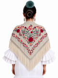 MANTON ALGODON ANGELA BEIGE TOPO BORDADO ROJO