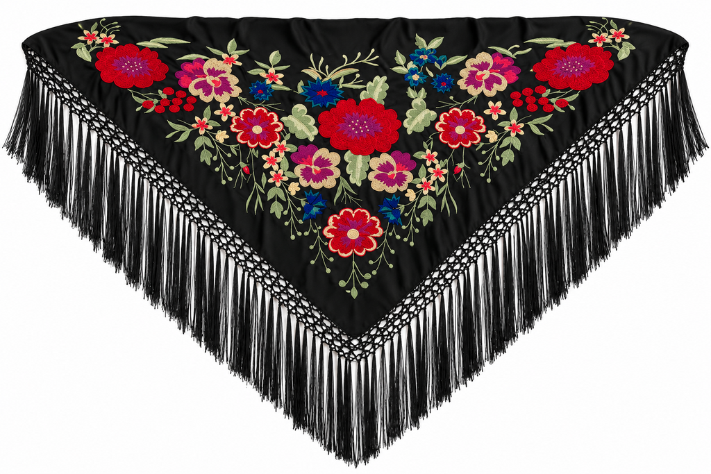 MANTON SEDA AGATHA NEGRO BORDADO ROJO
